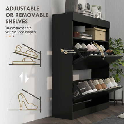 16 Pair Shoe Storage Cabinet with Flip Doors - High Gloss Black