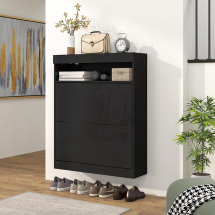 16 Pair Shoe Storage Cabinet with Flip Doors - High Gloss Black