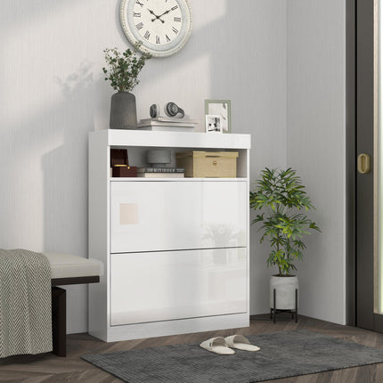 16 Pair Shoe Storage Cabinet with Flip Doors - High Gloss White