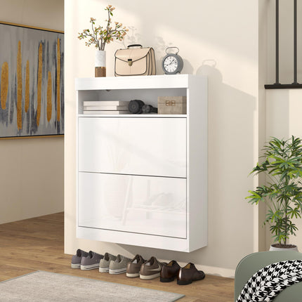 16 Pair Shoe Storage Cabinet with Flip Doors - High Gloss White