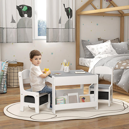 3 Piece Kids Table and Chair Set with Flip-Top Blackboard and Storage - Grey