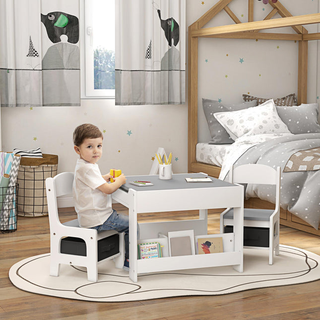 3 Piece Kids Table and Chair Set with Flip-Top Blackboard and Storage - Grey