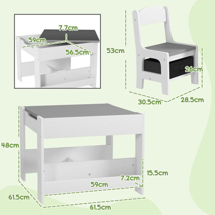 3 Piece Kids Table and Chair Set with Flip-Top Blackboard and Storage - Grey
