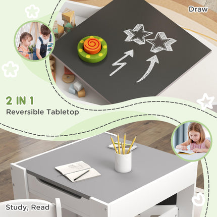 3 Piece Kids Table and Chair Set with Flip-Top Blackboard and Storage - Grey