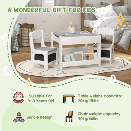 3 Piece Kids Table and Chair Set with Flip-Top Blackboard and Storage - Grey