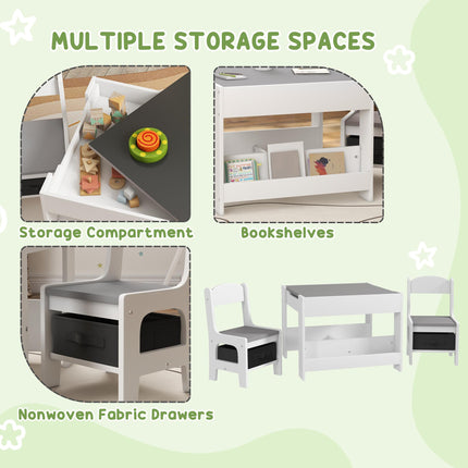 3 Piece Kids Table and Chair Set with Flip-Top Blackboard and Storage - Grey
