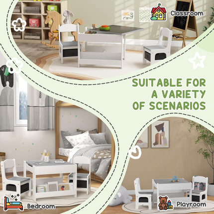 3 Piece Kids Table and Chair Set with Flip-Top Blackboard and Storage - Grey