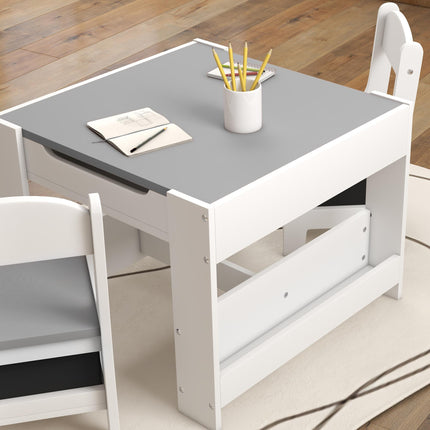 3 Piece Kids Table and Chair Set with Flip-Top Blackboard and Storage - Grey