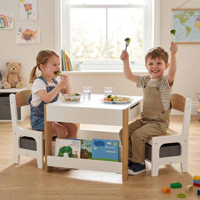 Three-Piece Kids Table and Chair Set with Blackboard, Storage, Bookshelves - Natural Wood