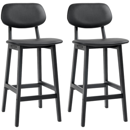 Set of 2 Wooden Classic Bar Stools with Faux Leather Seats - Black