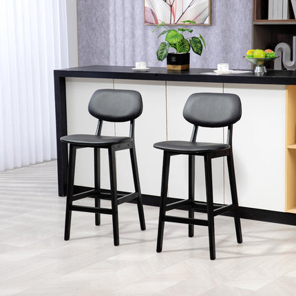 Set of 2 Wooden Classic Bar Stools with Faux Leather Seats - Black