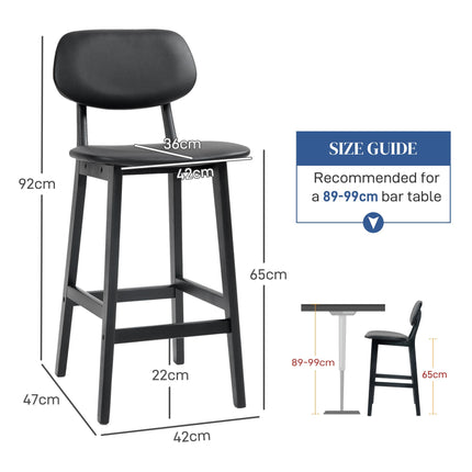 Set of 2 Wooden Classic Bar Stools with Faux Leather Seats - Black