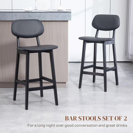 Set of 2 Wooden Classic Bar Stools with Faux Leather Seats - Black