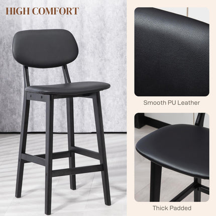 Set of 2 Wooden Classic Bar Stools with Faux Leather Seats - Black
