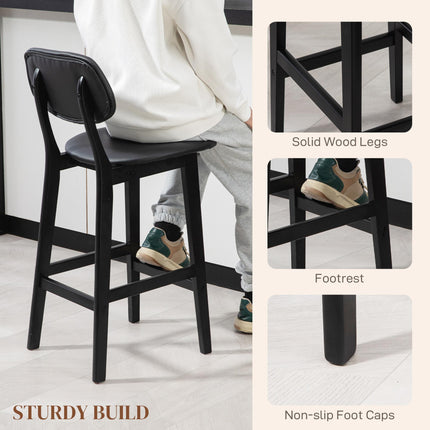 Set of 2 Wooden Classic Bar Stools with Faux Leather Seats - Black