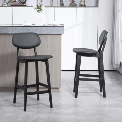 Set of 2 Wooden Classic Bar Stools with Faux Leather Seats - Black