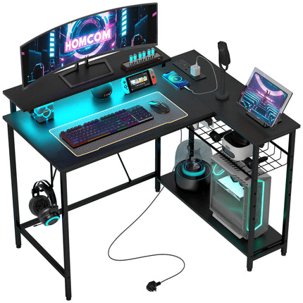 Reversible L-Shaped LED Gaming and Work Desk with USB Ports - Black