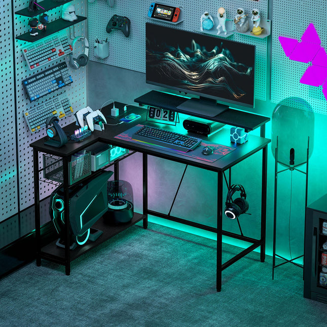Reversible L-Shaped LED Gaming and Work Desk with USB Ports - Black