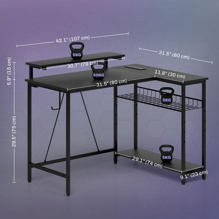 Reversible L-Shaped LED Gaming and Work Desk with USB Ports - Black