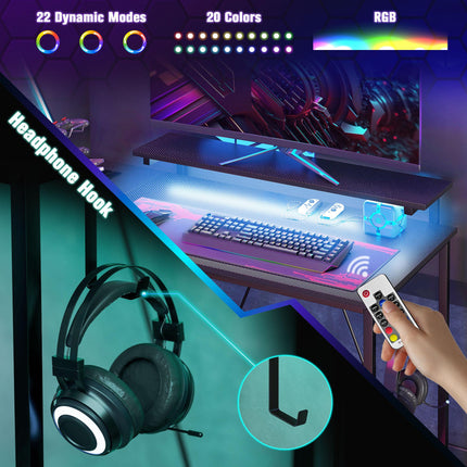 Reversible L-Shaped LED Gaming and Work Desk with USB Ports - Black