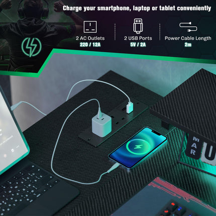 Reversible L-Shaped LED Gaming and Work Desk with USB Ports - Black