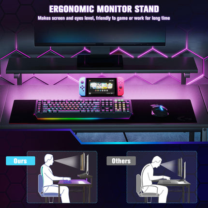 Reversible L-Shaped LED Gaming and Work Desk with USB Ports - Black