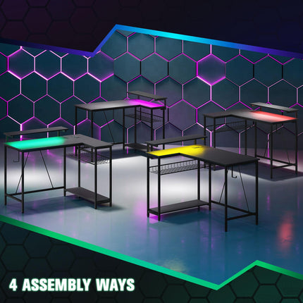 Reversible L-Shaped LED Gaming and Work Desk with USB Ports - Black