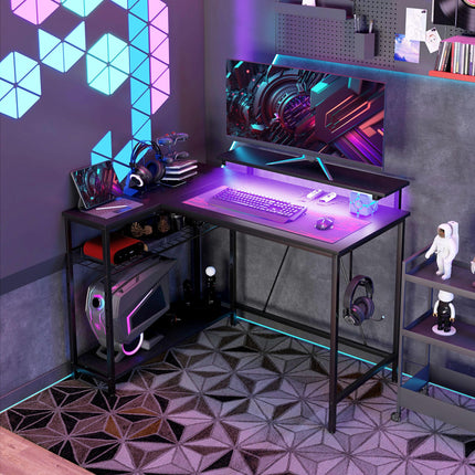 Reversible L-Shaped LED Gaming and Work Desk with USB Ports - Black