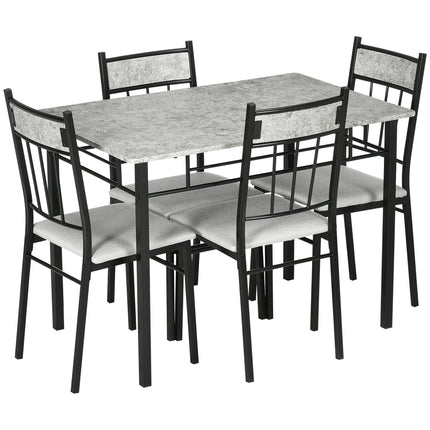 Five-Piece Marble Effect Dining Table Set with Padded Chairs - Grey/Black