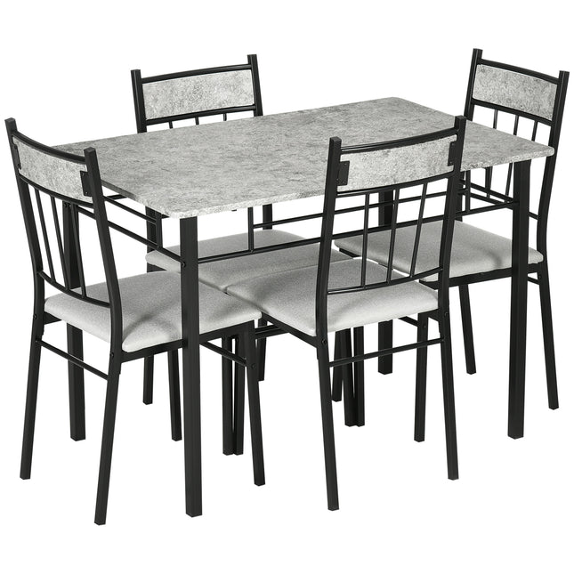 Five-Piece Marble Effect Dining Table Set with Padded Chairs - Grey/Black