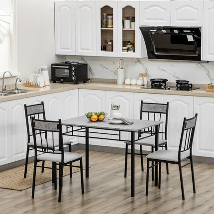 Five-Piece Marble Effect Dining Table Set with Padded Chairs - Grey/Black