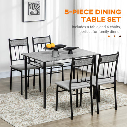 Five-Piece Marble Effect Dining Table Set with Padded Chairs - Grey/Black