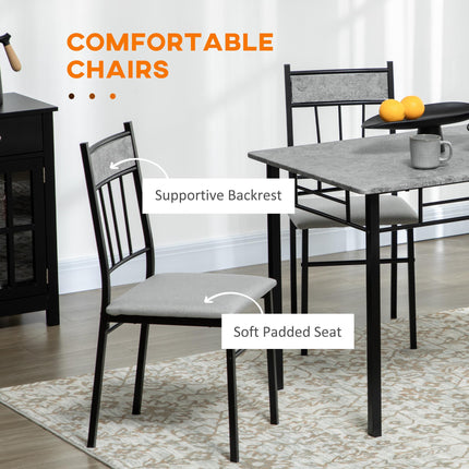 Five-Piece Marble Effect Dining Table Set with Padded Chairs - Grey/Black