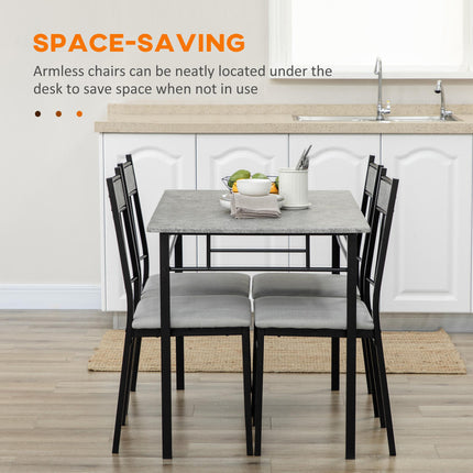 Five-Piece Marble Effect Dining Table Set with Padded Chairs - Grey/Black