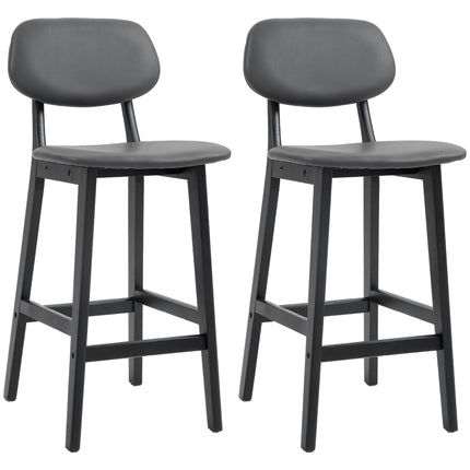 Set of 2 Contemporary Faux Leather Bar Stools with Backs and Solid Wood Legs - Dark Grey