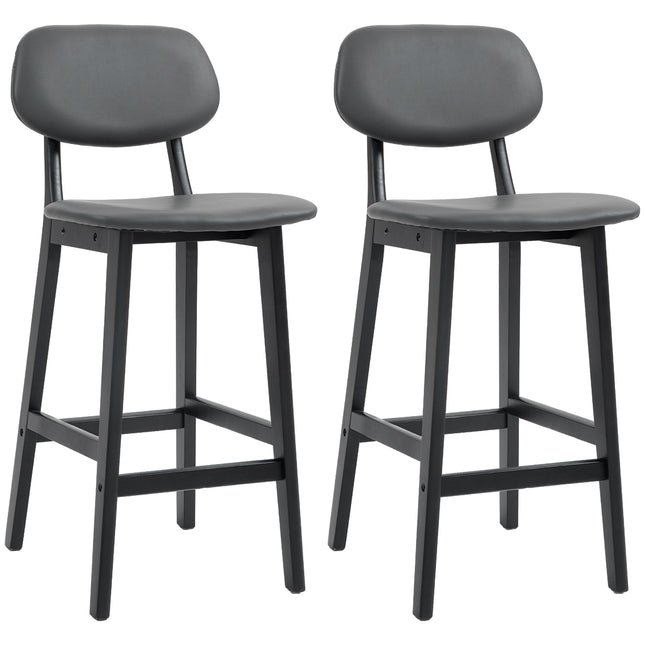 Set of 2 Contemporary Faux Leather Bar Stools with Backs and Solid Wood Legs - Dark Grey