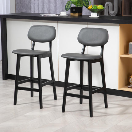 Set of 2 Contemporary Faux Leather Bar Stools with Backs and Solid Wood Legs - Dark Grey