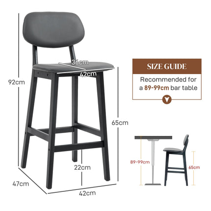 Set of 2 Contemporary Faux Leather Bar Stools with Backs and Solid Wood Legs - Dark Grey