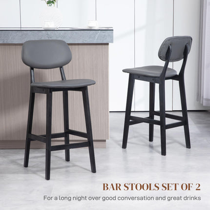 Set of 2 Contemporary Faux Leather Bar Stools with Backs and Solid Wood Legs - Dark Grey