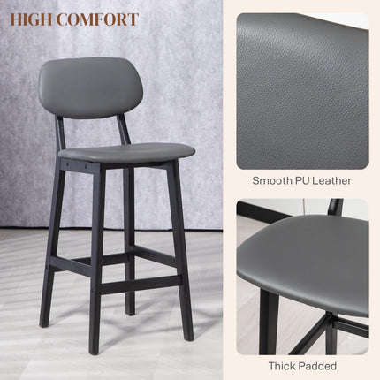 Set of 2 Contemporary Faux Leather Bar Stools with Backs and Solid Wood Legs - Dark Grey