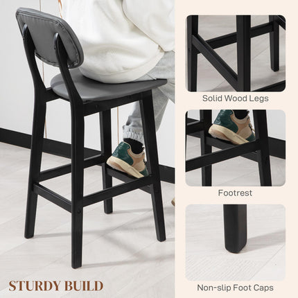Set of 2 Contemporary Faux Leather Bar Stools with Backs and Solid Wood Legs - Dark Grey