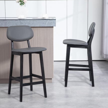 Set of 2 Contemporary Faux Leather Bar Stools with Backs and Solid Wood Legs - Dark Grey