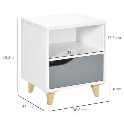 Modern Bedside Table with Shelf and Drawer 36.8x33x43.8cm - White Grey