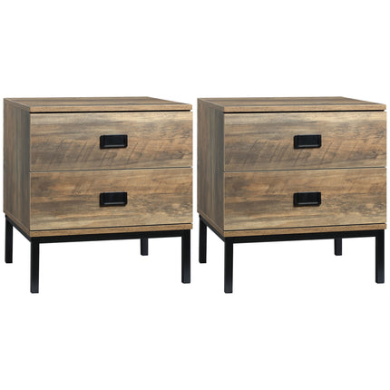 Set of 2 Retro Bedside Tables with Metal Frame and Drawers - Coffee