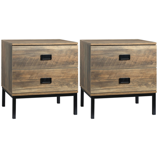 Set of 2 Retro Bedside Tables with Metal Frame and Drawers - Coffee