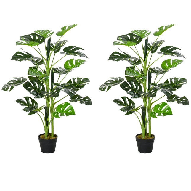 Set of 2 Artificial Monstera Trees 100cm with 21 Leaves in Nursery Pots - Green