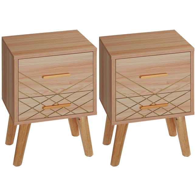 Scandinavian Bedside Cabinet with 2 Drawers - Natural Wood Finish