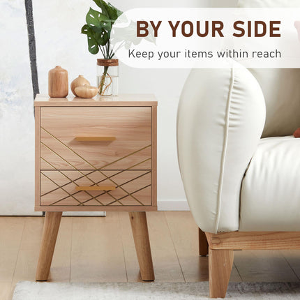 Scandinavian Bedside Cabinet with 2 Drawers - Natural Wood Finish
