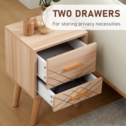 Scandinavian Bedside Cabinet with 2 Drawers - Natural Wood Finish