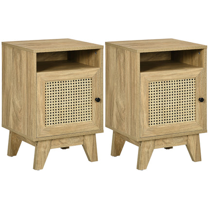 Natural Rattan Bedside Table with Cupboard and Shelf Storage - Brown